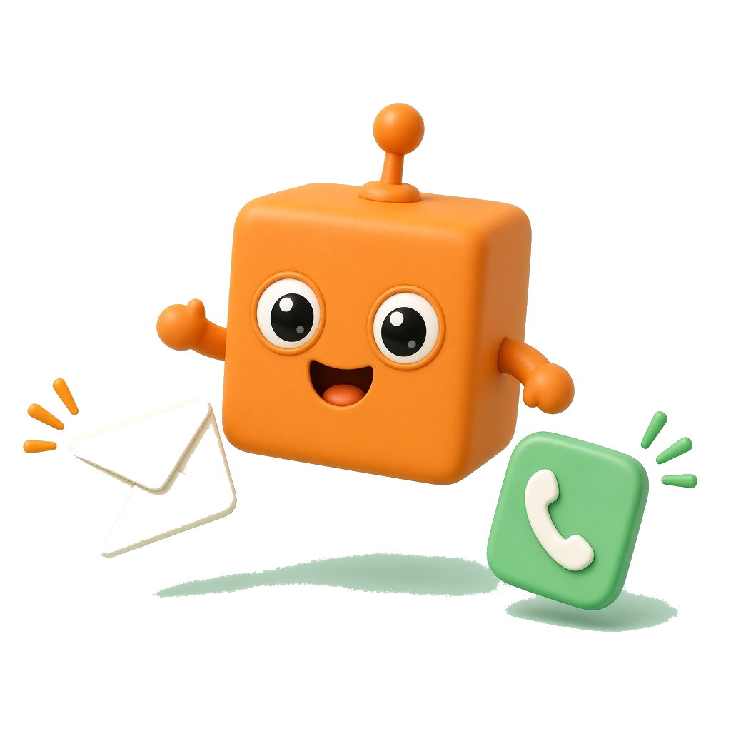 Orange robot mascot reaching with mail and calls